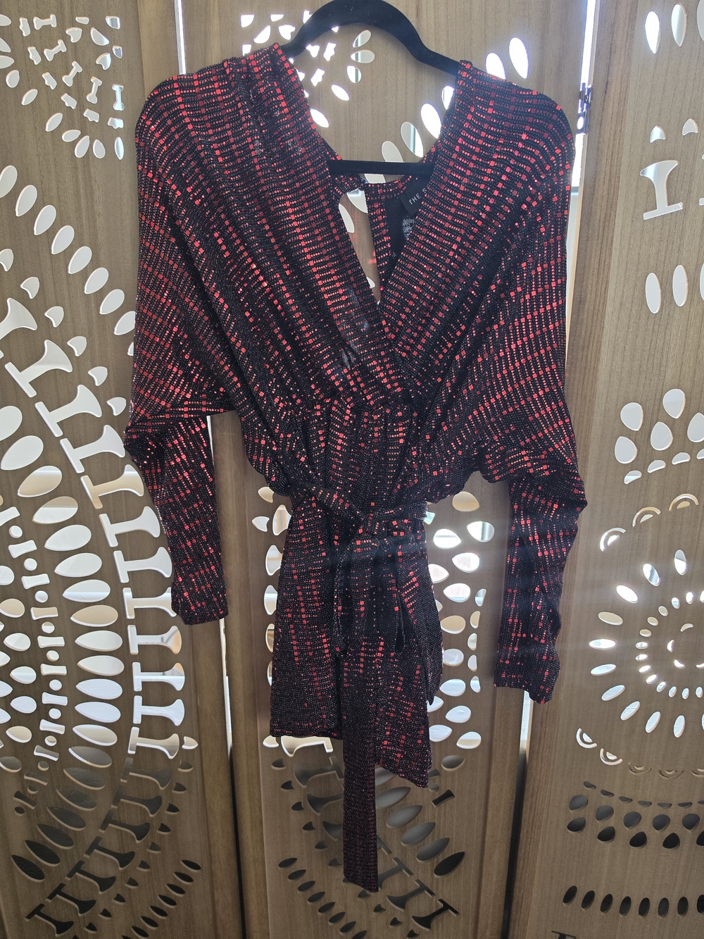 Red Sequin & Black Long-Sleeve Wrap Romper with Self-Tie Waist